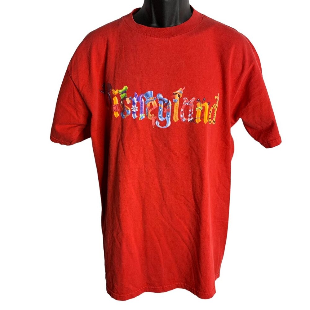 Vintage 90s Mickey Disneyland T Shirt XL Red Crewneck Short Sleeves Spellout